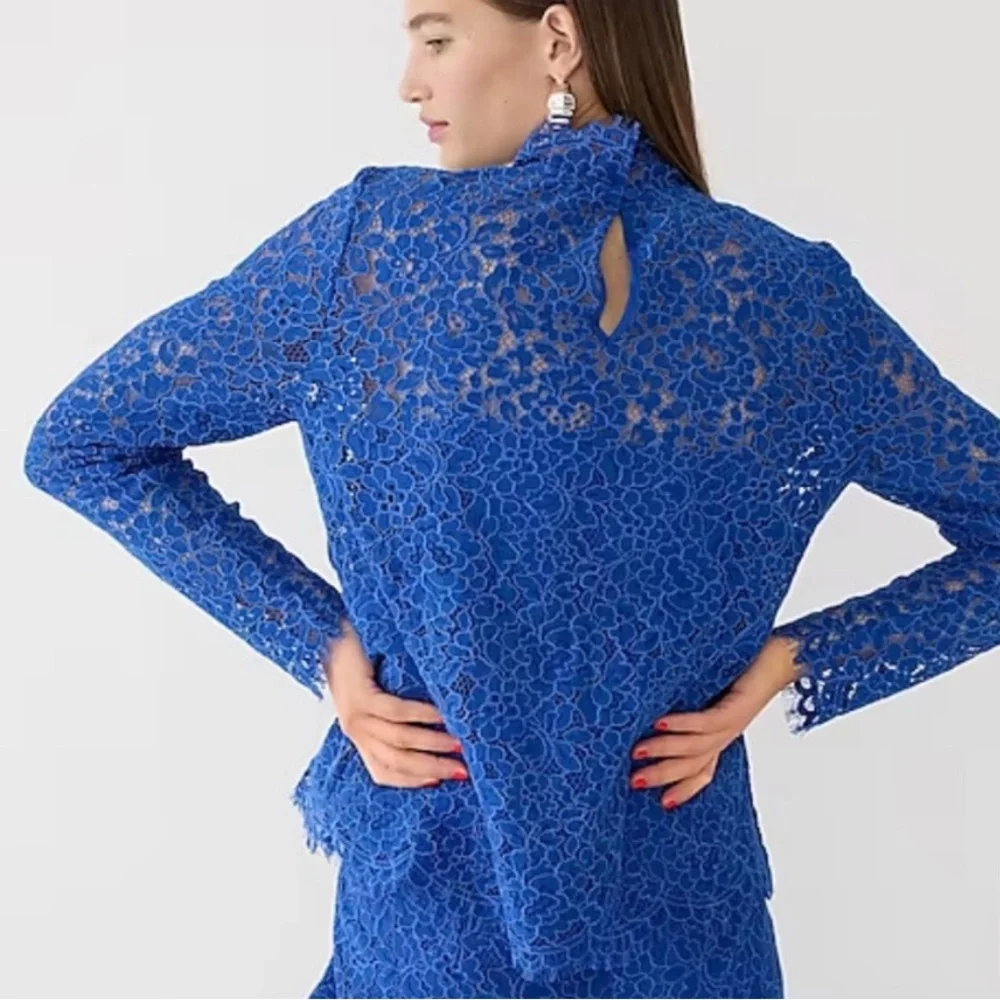 •J.CREW• Regal Blue Scalloped Lace Long Sleeve‎ Mockneck Top Blouse Size 6